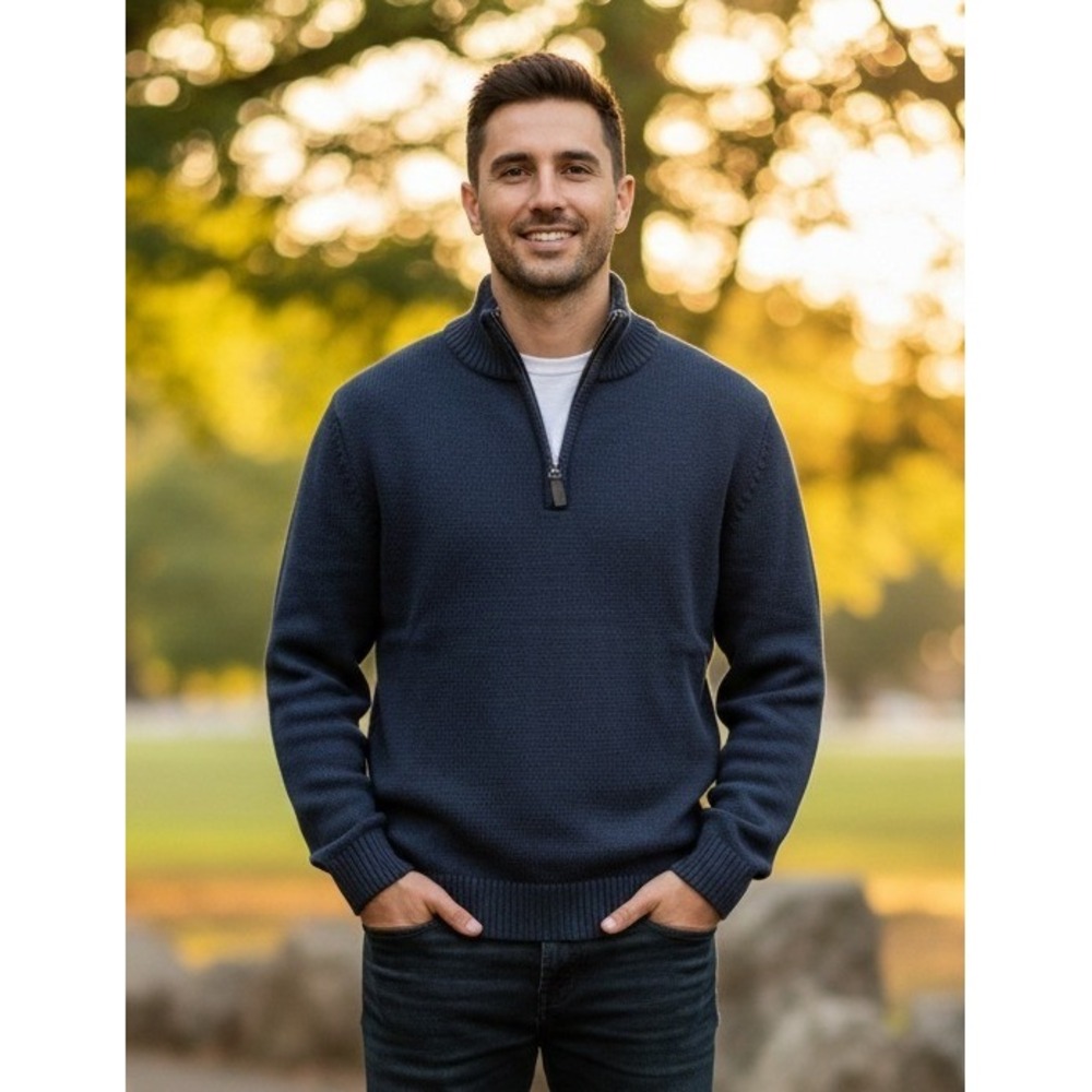 LL Bean Men's Quarter Zip Pullover Sweater Size M Reg Navy Blue‎ Cotton Pullover